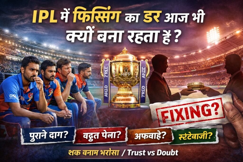 IPL में फिक्सिंग का डर आज भी क्यों बना रहता है? दर्शाता हुआ क्रिकेट ग्राफिक