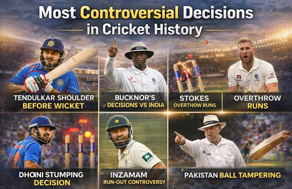 Iconic controversial umpiring decisions in cricket history including World Cup moments, LBW calls and overthrows