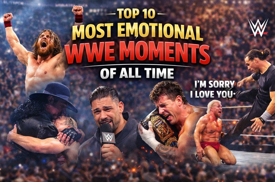 Emotional WWE wrestling moments showing superstars celebrating, crying, and farewell scenes representing the top 10 most emotional WWE moments of all time