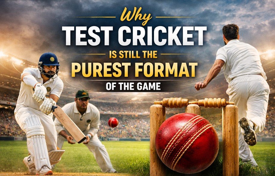Test cricket match showing batsman, bowler, red ball and stumps representing why Test cricket is still the purest format of the game