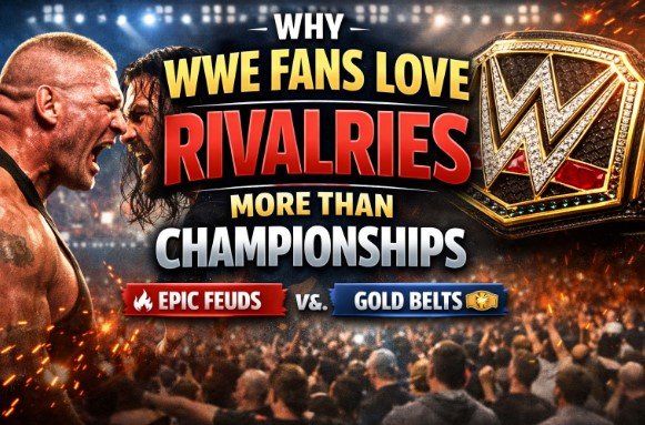 Intense WWE rivalry face-off between superstars with a championship belt showing why WWE fans love rivalries more than championships