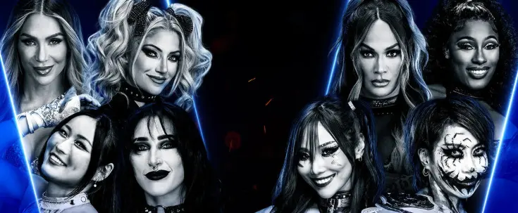 8 Woman Tag Team Match on WWE SmackDown featuring Rhea Ripley, IYO SKY, Charlotte Flair and Alexa Bliss in action